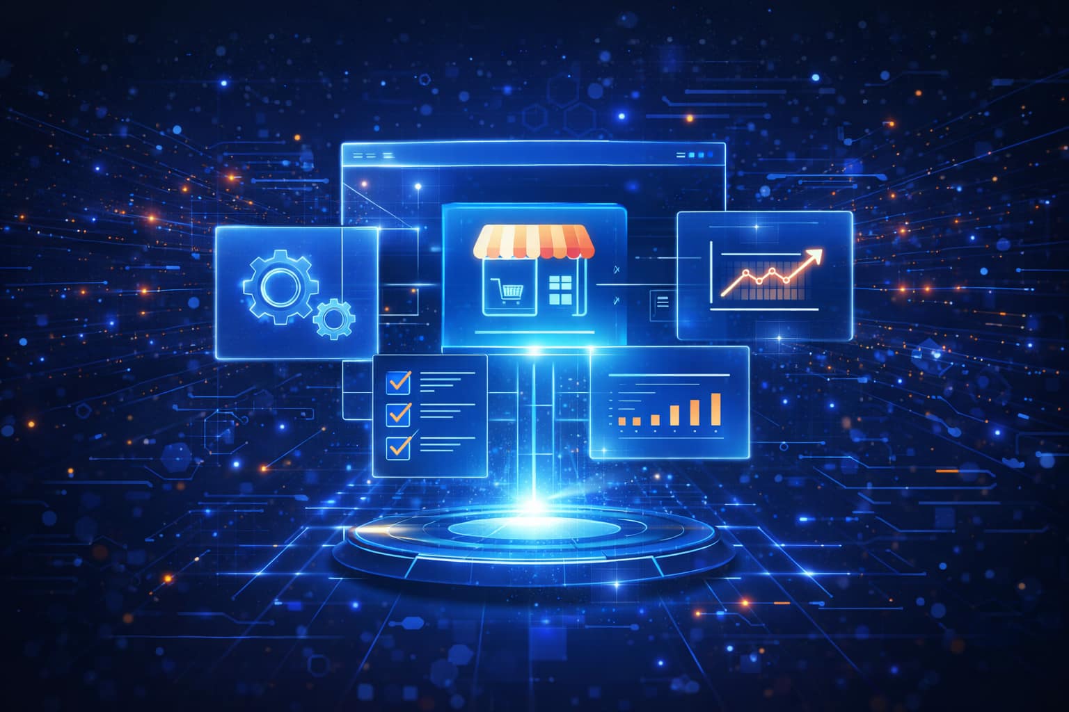 Abstract AI platform interface showing automated system setup, configuration panels, and execution modules